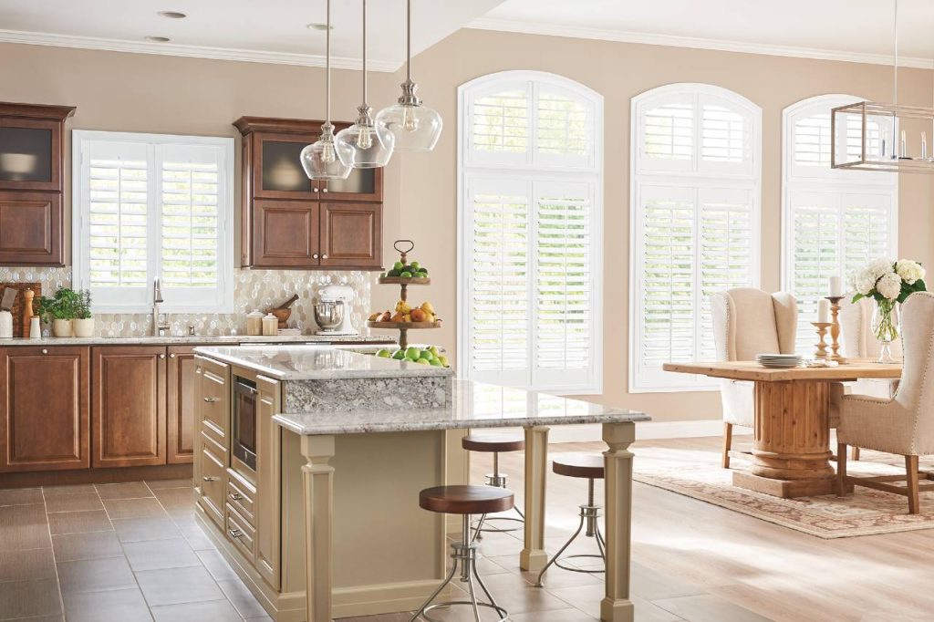 interior window shutters in the kitchen and living room